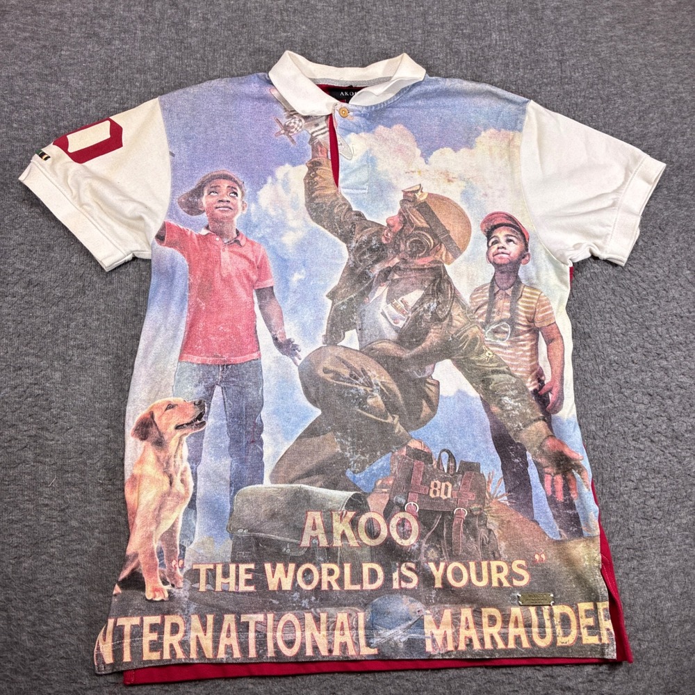 AKOO Polo Shirt Mens Large Red International Marauder Graphic Streetwear Stain